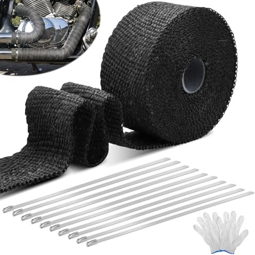 10m Bande Isolant Thermique Céramique, Echappement Ruban Isolant Collecteur avec 10 Attaches en Serrage Inoxydable, ruban d'échappement résistant à la chaleur pour collecteur de voiture de moto, Noir