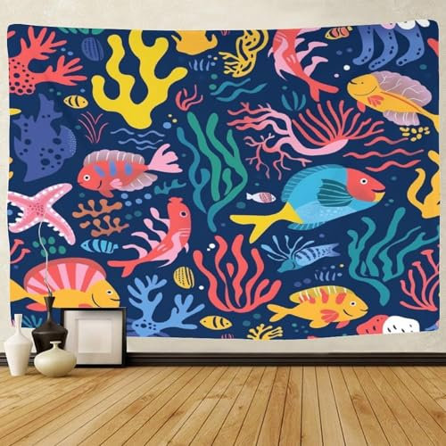 TIICZAAKL Tapisserie Fisch Wasser Gras Wandteppich Wandbehang 3D-Druck Wandtücher Gobelin Tapestry Raumdekoration Für Wohnzimmer, Schlafzimmer, Schlafsaal, Dekor 100cmx150cm