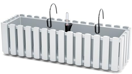 B2C Window Fence Hanging Flower Pot Planter 2 Sizes 4 Colours Rustic Slat Farm House Design UK Self Watering Kit (White, Large - 58cm)