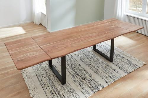 SAM Baumkantentisch 120 (200) x 90 cm Norino, Akazienholz massiv & stonefarben lackiert, Esszimmertisch inkl. 2 Ansteckplatten, echte Baumkante, Esstisch mit U-Metallgestell in Schwarz