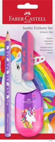 FABER-CASTELL 111528 - Schreibset Einhorn mit Jumbo Bleistift, Spitzer und Radiergummi, Schulset für Kinder