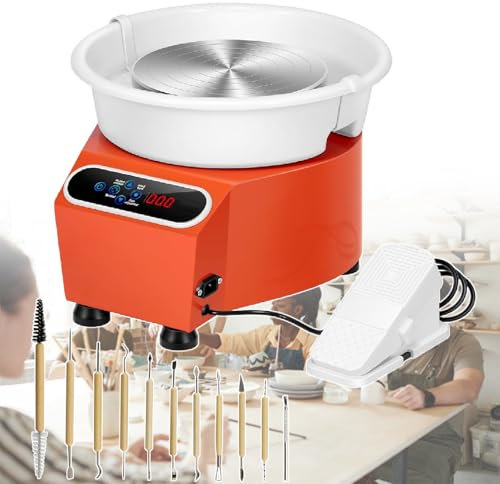 XEEAOFE Tornio per Ceramica per Adulti, 9,8 Pollici con Vasca Amovibile, Schermo LCD Touch, Pedale, Tornio per Ceramica 350W,Orange-110V