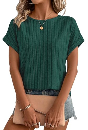 Gemulate Women Tops 2025 Womens high Necked Blouse Top Trendy Dressy Casual Tshirts Short Sleeve Blouses Smart Ladies Tea Shirt Deep Green M