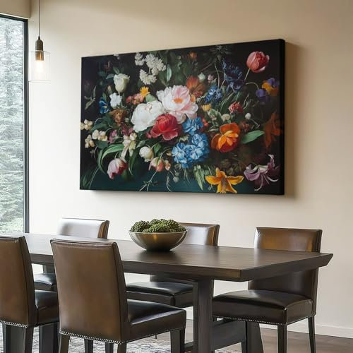 Leinwandbild Barock Florales Ölgemälde Poster 150 x 50 cm (Ungerahmt) Wandbild Kunstdruck für Wohnzimmer Schlafzimmer Büro Wanddeko Schwarz not Rahmen Bild auf Leinwand