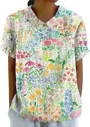 Hrjxfpt Women's Linen Tops Blouses Sale Purple Lace Summer Tunics Warehouse Clearance Women's Linen Lapel Art Floral Round Neck Gifts Pullover Top Casual Shirt T-Shirts (01-J-Camouflage, L)