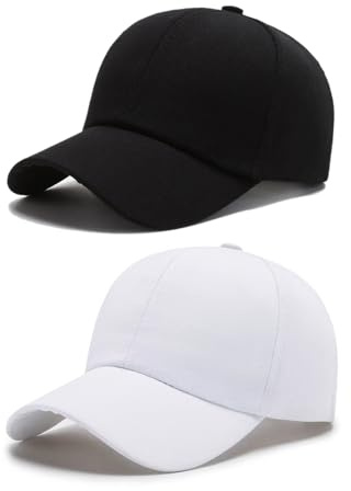 SAIIURV Lot de 2 casquettes de baseball blanches et noires pour hommes et femmes en coton casquettes de soleil respirantes réglables noires casquettes de baseball blanches pour hommes et femmes
