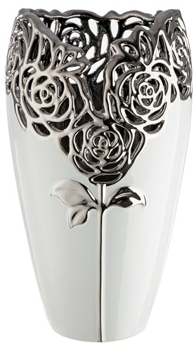 GILDE Vase Rose - Keramik - Höhe 32cm x Ø 18cm - weiß glasiert mit Rosenmotiv - Dekovase