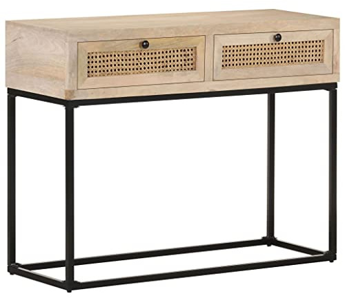 Qnhdfrt Massivholz Konsolentisch 100x35x76 cm Bleichfinish mit Wiener Geflecht Rustikales Design für Flur und Wohnbereich