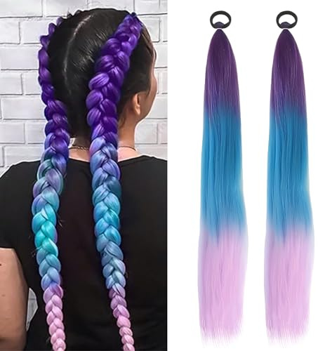 2 Pièces Extensions à Tresser Cheveux Violet avec Lien Élastique, Rajout Cheveux Tresses Pré-étirés pour Femmes et Filles, Idéal pour Fêtes, Cosplay et Halloween