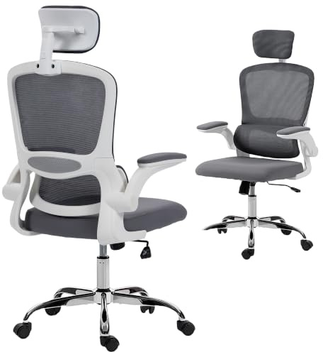 HOMCOM Ergonomic Office Chair High Back Mesh Home Office Charcoal Grey | Computer Desk Chair, Adjustable Headrest, Lumbar Support, Flip-up Armrests
