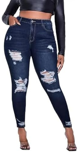 Vaimti Jeans in denim strappato invecchiato da donna taglie forti, vestibilità skinny a vita alta