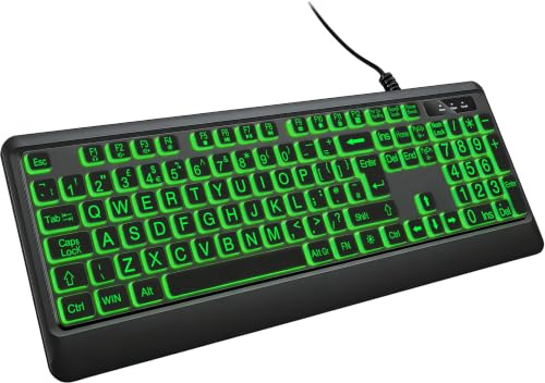 DHKBL Large Print Backlit Computer Keyboard - 7 Interchangeable Backlight Colors, USB Wired UK Full Size Keyboard with Num Pad, £ Key & Adjustable Feet for Business, Office, Home & Windows PC (QWERTY)