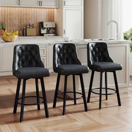 Youhauchair Barhocker 3er Set, Wasserdichtes PU-Leder, Schwarz | 9 cm dicke Sitzfläche, Tragkraft 150 kg, 360° drehbarer Barstuhl mit Fußstütze, Sitzhöhe 66,5 cm, PU-Leder