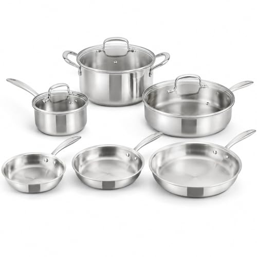 Cflagrant® by Napoléon Batterie de Cuisine 9 Pièces Inox 18/10 Triply, Casseroles et Poêles avec Poignées Rivetées, Sans PFAS/PFOA/PTFE, Induction et Four