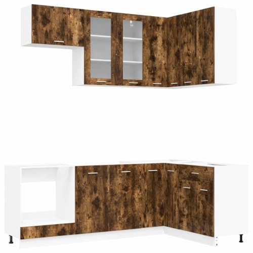 HFXHIJXQ Küchenzeile 8-teilig Lyon Küchenblock mit Küchenschrank Set und Spülmaschinenblende, L-Form Eckküche aus Holzwerkstoff für Küche und Essbereich, Geräucherte Eiche