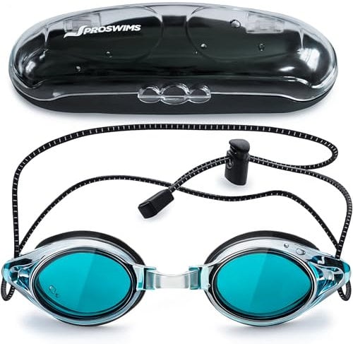 Proswims Lunettes Piscine Adulte, Enfants - Lunettes de Natation - Lunettes Natation Adulte Antibuée avec Sangle Élastique, Étui Rigide et Chiffonnette de Nettoyage en Microfibre Bleu