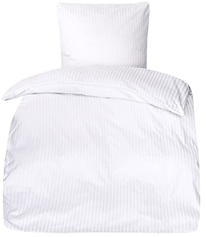 Angebot! Damast Bettwäsche Set mit Hotelverschluss aus 100% Baumwolle, 10mm Streifen, ca. 135x200/80x80 cm (weiß)
