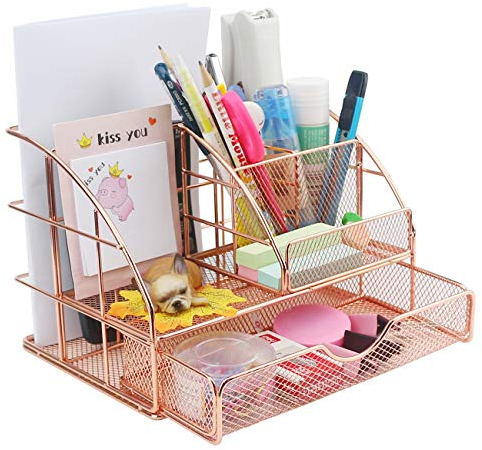 Ogrmar Rose Gold Desk Supplies Organizer, Multi-Functional Mesh Desk Organizer with 6 Compartments & Desk Drawer Organizer for Office Supplies and Desk Accessories(Rose Gold) (9 X 6 X 6)