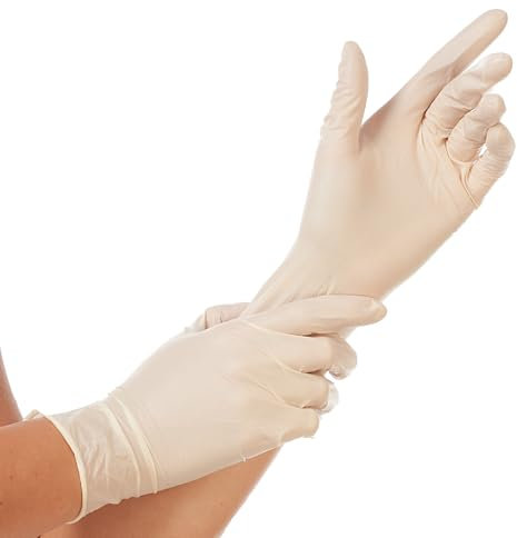FRANZ MENSCH 100 Stück Hygostar Latexhandschuhe Sense | puderfrei, Packung, natur, 8/M, L: 24cm, Einweghandschuhe, Latexhandschuhe,Putzhandschuhe