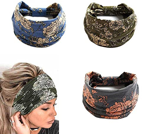 Yean Boho Yoga Stirnbänder Breite elastische Kopfbedeckungen Blaue Haarbänder Blumenhaarzubehör für Frauen und Mädchen (3er Pack)