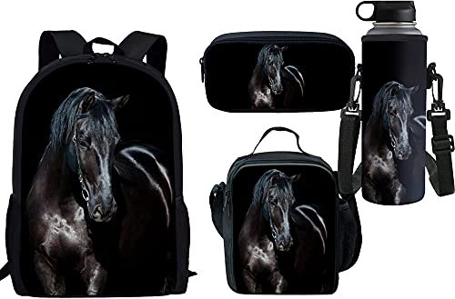 Belidome Schulrucksack-Set, Federmäppchen, Lunch-Tasche, Flaschenhalter für Kinder, Jungen, Grirls, 4 Stück, Schwarzes Pferd, Einheitsgröße