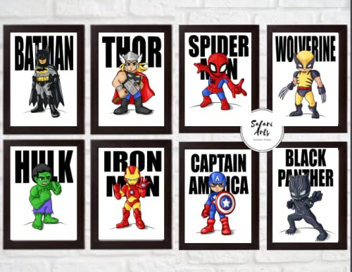 Safari Art Set of 8 Personalized Superheroes Wall Art Prints for Kids-Marvel Wall Poster- Avengers Art for Children Room-Hulk/Batman/Iron Man/Wolverine Posters (7 x 5 inches), clear