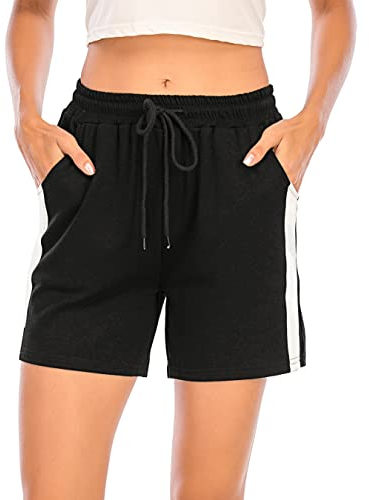 Enjoyoself Damen Kurze Sporthose Baumwolle Stretch Sommer Sweatshorts mit Gummibund Tasche Chic Shorts für Alltag,Schwarz XXL