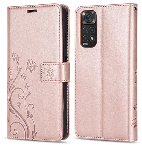 betterfon Hülle Kompatibel mit Xiaomi Redmi Note 11 / 11S | Premium PU Leder Handyhülle Wallet Case für Redmi Note 11 / 11S | Schutzhülle Blumen Klapphülle Handyhülle | Rosegold