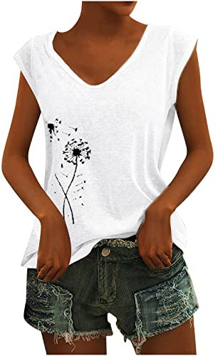 KOG Bluse Damen Elegant Drucken Tshirt T-Shirt Casual V-Ausschnitte Tunika Weste Frauen Mode Motiv Vintage Frühling Kleidung Oberteil Bekleidung Fraun Locker Sommer Tank Top White L