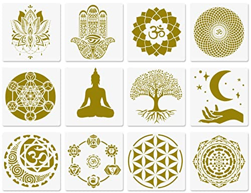 Heilige Geometrie Schablonen, 12 Stück Yoga Schablonen, Om Heiliger Lotus, Die Blume des Lebens, Mandala, Hamsa Hand, Mond, Spirituelle Symbole Meditations schablonen zum Malen auf Holz 25x25cm