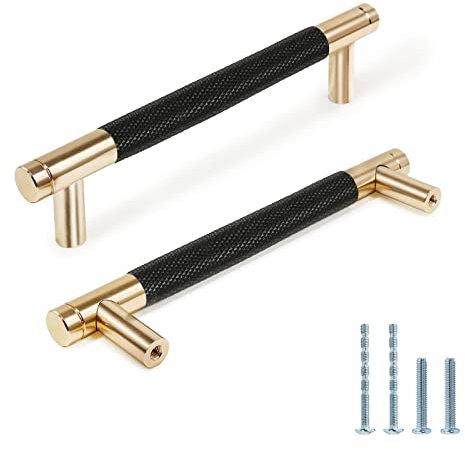 Zernmiarder Knurled Cabinet Pulls 2 Pack, 6 Inch Long Cabinet Handles Metal Door Pulls, Kitchen Drawer Pull Knurled Dresser Handles - 5 Hole to Hole, Black & Gold