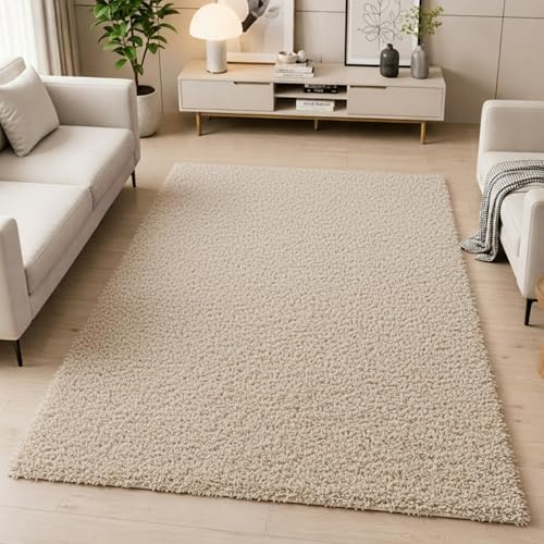 Teppich-Traum Moderner Shaggy Teppich Hochflor Uni Beige 120x170 cm | Flauschig und weich, pflegeleicht, strapazierfähig, formstabil, saugrobotergeeignet, OEKO-TEX geprüft, Wohn- & Esszimmer