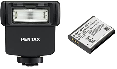 Pentax AF201FG Blitzgerät (Geringe Gehäuseabmessung, Leitzahl 20, Staub- und wetterfest, vertikal schwenbarer Reflektor) für Pentax K- und Q-System schwarz & Ricoh Imaging DB-110 Kamera-Akkus
