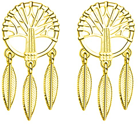 Ditz Damen Ohrstecker 925 Silber Gold Vergoldet mit Lebensbaum Traumfänger Federn Anhänger Boho Vintage Ohrringe Dreamcatcher Hängend