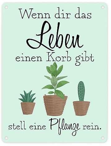 Wenn dir das Leben eine Korb gibt stell eine Pflanze rein Metallschild in 15x20 cm Blechschild für Pflanzenliebhaber und witziges Geschenk für Hobbygärtner mit Spruch