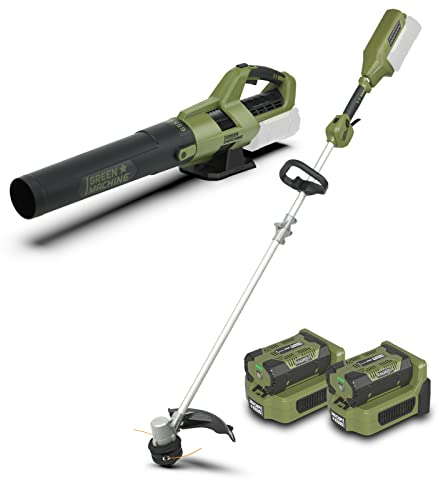 GREEN MACHINE 62V 18.5M³/MIN 4Ah soffiatore per foglie e 40.6CM 2.5Ah decespugliatore con albero in alluminio kit combinato,batteria e caricabatterie inclusi Leaf Blower+Hedge Trimmer