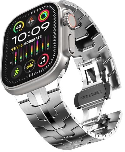KADES Edelstahl armband für Apple Watch Ultra 2 Armband,Herren Gliederarmband für Apple Watch Ultra Armband,Metallarmband für iwatch series 10 46mm,9/8/7 45mm,6/5/4 44mm,3/2/1 42mm, Silber