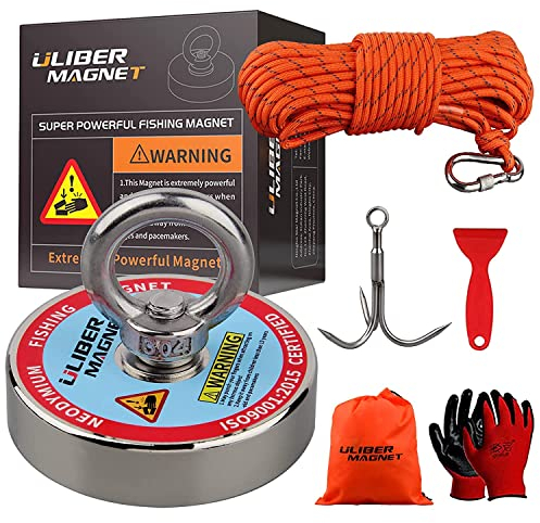 ULIBERMAGNET Superstarker Magnet zum Angeln, 320 kg, Zugkraft, N52, Neodym, recycelt, Durchmesser 75 mm, mit Seil und Handschuhen, ideal für die Wiederherstellung, Schatz und Recycling