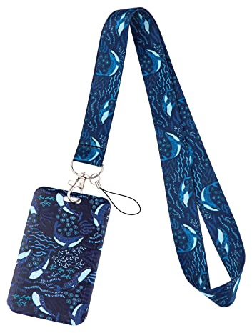 Juanooo Cordon d'identification Blue Sea avec porte-cartes pour clés - Coque rigide en plastique pour clés de voiture - Pour femmes, filles et enfants - Cordon de croisière pour carte de bateau