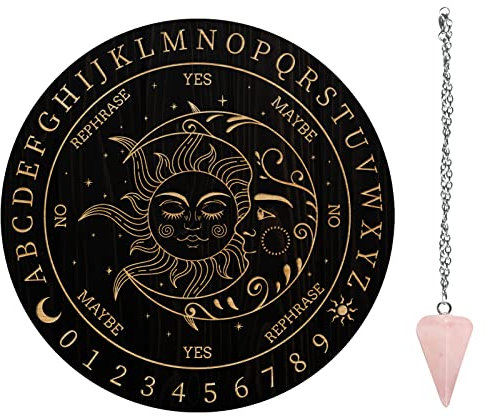 AHANDMAKER 7.8 Hexen-Pendelbrett, Sonne-Mond-Hölzerne Wünschelruten-Planchette Mit Rosenquarz-Kristall-Wünschenpendeln Hexerei-Wahrsagung-Werkzeuge Für Geister-Altar-Dekoration
