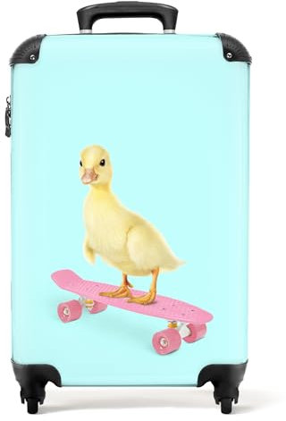 NoBoringSuitcases.com® Koffer Handgepäck Trolley Rollkoffer Kleine Reisekoffer mit 4 Rollen - Ente - Küken - Skateboard - Blau - Rosa - 55x35x20cm - Fotokoffer - Kabinenkoffer - Boardgepäck