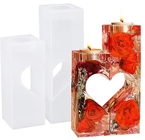 APOMOONS 2 Stück Herz Silikonform Kerzenhalter, Silikonformen Epoxidharz, Beton GießForm Kerzenhalter, DIY Kerzen Formen Silikon, GießFormen FüR Beton, Silikonform Haus für Harz, Gips, Zementbeton