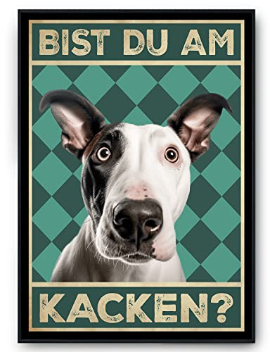 Tigerlino® Bist du am Kacken Hunde Poster Badezimmer Gästebad Wandbild Klo Toilette Dekoration Lustiges Gäste-WC Bild DIN A4 (Bullterrier)