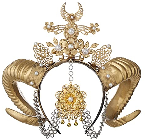 women Golden Flower Sheep Horn HairBand Gothic Headwear Costume Steampunk Cosplay (gold)