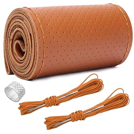Ziciner Lenkradbezug aus echtem Leder, Stich auf Wrap, atmungsaktiver Anti-Rutsch-Auto-Lenkradschutz für max. Durchmesser 38,1 cm, DIY Nähen mit Nadelfaden (Braun, Loch)