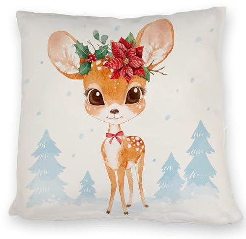 speecheese Rehkitz Kissen im Aquarell-Stil EIN bequemes DekoKissen für die Weihnachtszeit Rehkitz Frauen KuschelKissen mit Motiv Natur Weihnachten Sofa REH Wald Aquarell