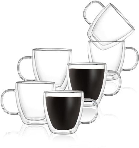 CNGLASS Double Wall Espresso Glass Mugs 160ml/5.4oz,Clear Coffee Mugs Set of 6,Insulated Glass Mug with Handle,Cappuccino,Latte,Tea Cups