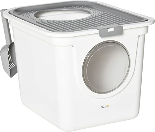 PawHut Arenero para Gatos con Pala Inodoro para Mascotas con 2 Puertas Entrada Principal y Salida Superior 44x55x39 cm Blanco y Gris