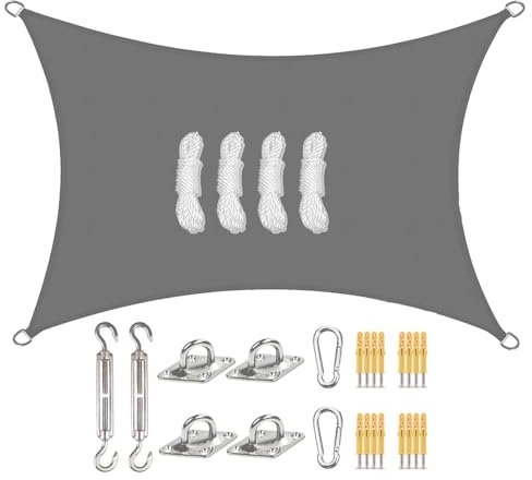 Sunal Sonnensegel Rechteckig 3x4m mit Befestigung Set,PES Polyester Wasserdicht,inkl Befestigungsseile,Für Sonnenschutz auf Balkonen,Gärten und Terrassen,Grau