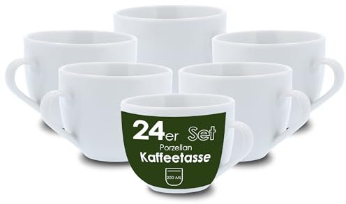 Level One 24 Stück Kaffeetasse 250ml aus hochwertigem Porzellan, Kaffeetasse in weiß, Kaffeebecher mit Henkel, Spülmaschinen- & Mikrowellengeeignet